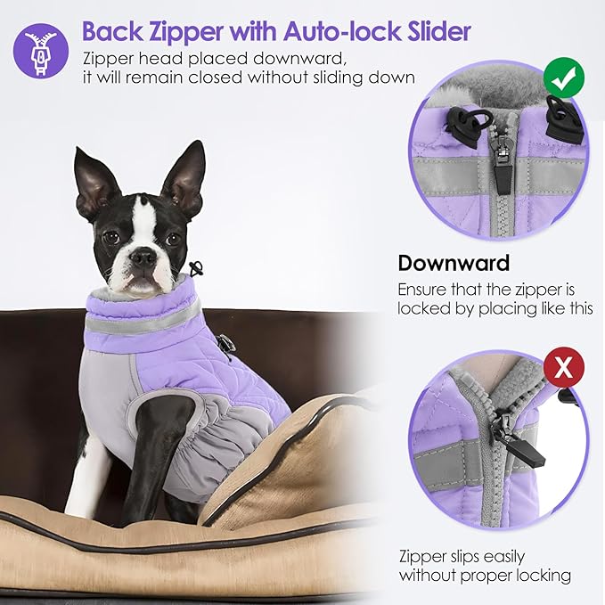 AOFITEE Dog Coat, Warm Dog Jackets for Small Dogs, Dogs Winter Coat with Harness Built in, Reflective Pet Winter Jacket, Waterproof Windproof Puppy Puffer Jacket Fleece Vest, Lilac XS