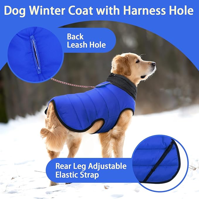 MIGOHI Lightweight Dog Coat, Windproof Dog Jacket, Puffer Jacket for Medium Dogs, Padded Vest with Reflective Strips, Warm Snow Vest in Cold Weather, Easy On Hook & Loop Belly, Blue, L