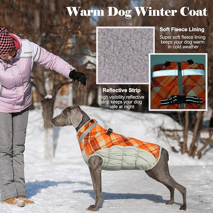 Lelepet Warm Dog Winter Coat Dog Coats for Small Dogs Waterproof Dogs Jacket with Harness Built in Reflective Cold Weather Coats Windproof Zip-Up Winter Fleece Vest Snowsuit Yorkie Orange Plaid S