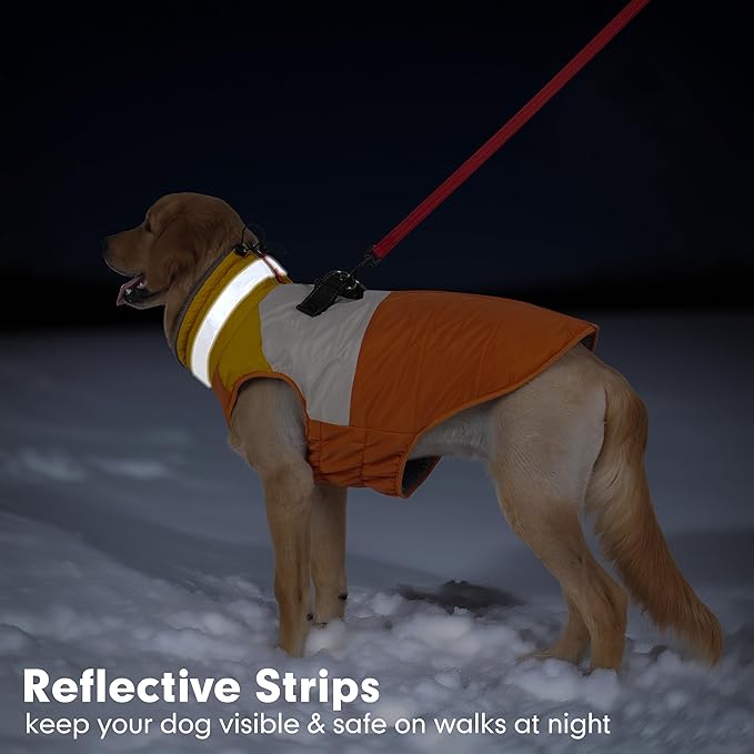 azuza Dog Jacket Waterproof Winter Coat for Small Dogs, Warm Fleece Vest with Reflective Strips & Built-in Harness, Windproof Back Zipper, Orange S