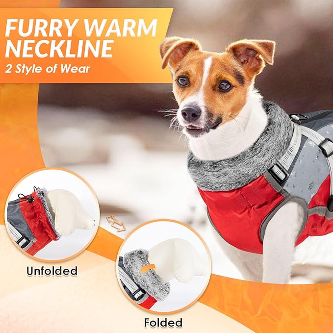 SlowTon Dog Jacket with Harness Built in - Waterproof Fleece Winter Warm Dog Coats for Small Medium Dogs, Reflective Adjustable Furry Puppy Vest Clothes for Outdoor Walking (Red & Black,XL)