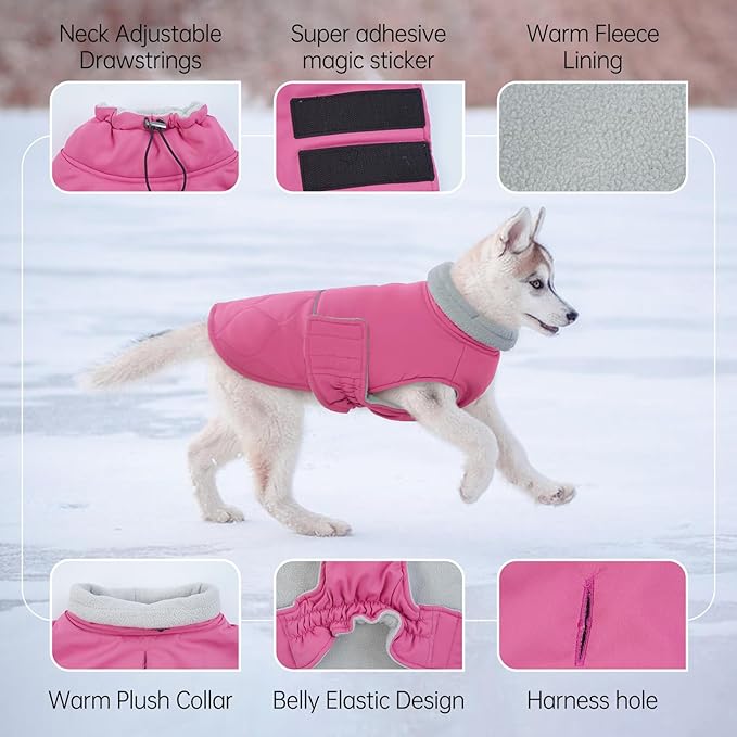 BRKURLEG Dog Winter Jacket, Warm Dog Winter Coats for Small and Medium Large Dogs, Reflective Adjustable Pet Cold Weather Coats, Waterproof Dogs Snow Jacket Clothes Fleece Vest (XXXL, Rose Red)