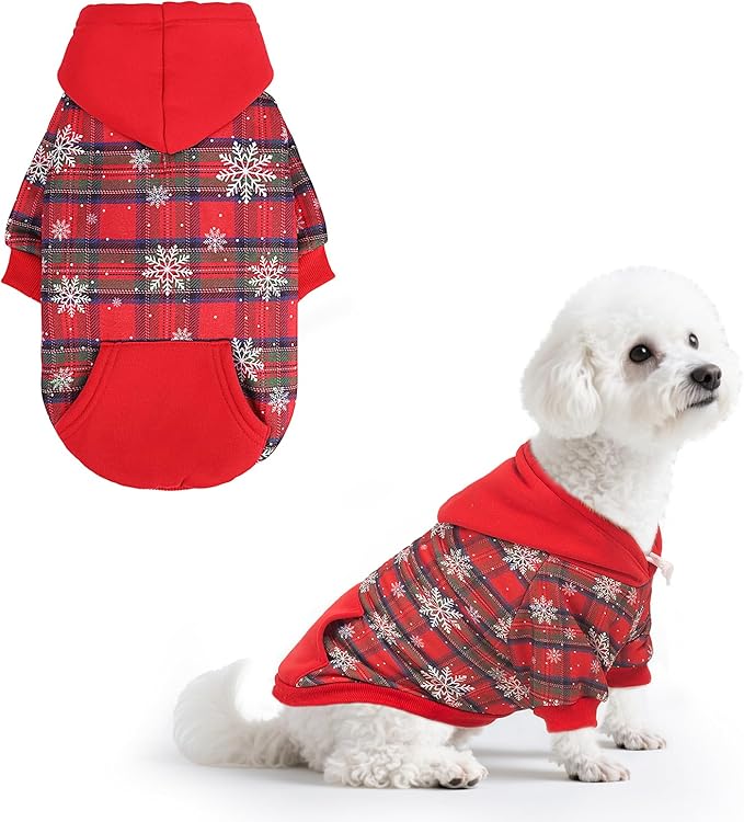 PUPTECK Fall Winter Dog Hoodie Pet Sweatshirt Soft Warm Clothes Fleece Lined with Hat for Small Medium Large Dogs, Pocket Design, Snow S