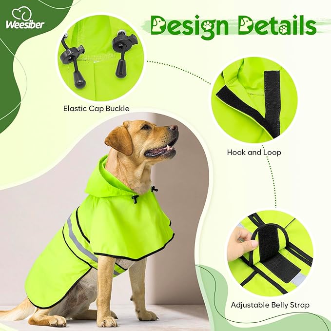 Weesiber Dog Raincoat, Waterproof Dog Rain Jacket with Leash Hole, Reflective Puppy Rainwear Hooded Pet Poncho Slicker for Walking (S, Green)