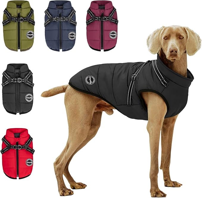 Warm Dog Winter Coat, Windproof Cold Weather Jacket, Reflective & Adjustable Black Pet Vest with Harness, Thick Polar Fleece Lining Cozy Apparel for Small Medium Dogs & Cats