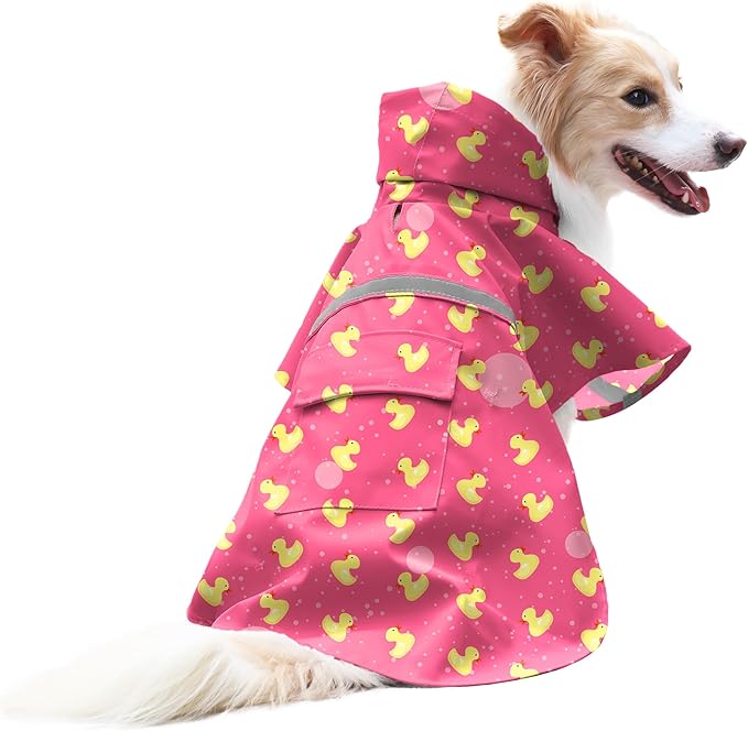 NACOCO Large Dog Raincoat Adjustable - Pet Rubber Ducks Yellow Water Proof Clothes Lightweight Rain Jacket Poncho Hoodies with Strip Reflective Pink (Pink XXXL, Yellow Duck)
