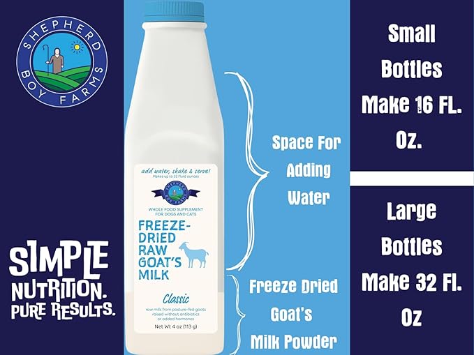 Shepherd Boy Farms Freeze Dried Raw Goats Milk with Probiotics for Dogs & Cats (Golden Blend), Organic USA Veggies & Fruits, High Protein, Digestible Goat Milk Powder, Food Toppers - Makes 32 FL OZ