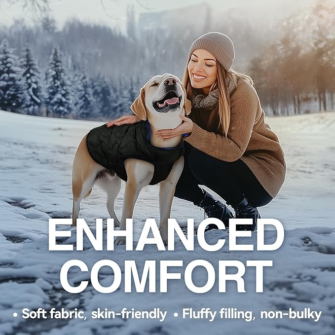 VIVAGLORY Softjoy Dog Coat, Dog Jacket for Winter & Christmas, Coat with Harness Hole & Velcro Closure, Reversible Plaid Checkered Warm Fluffy Heavy Duty for Puppy, L, Sapphire Blue Plaid
