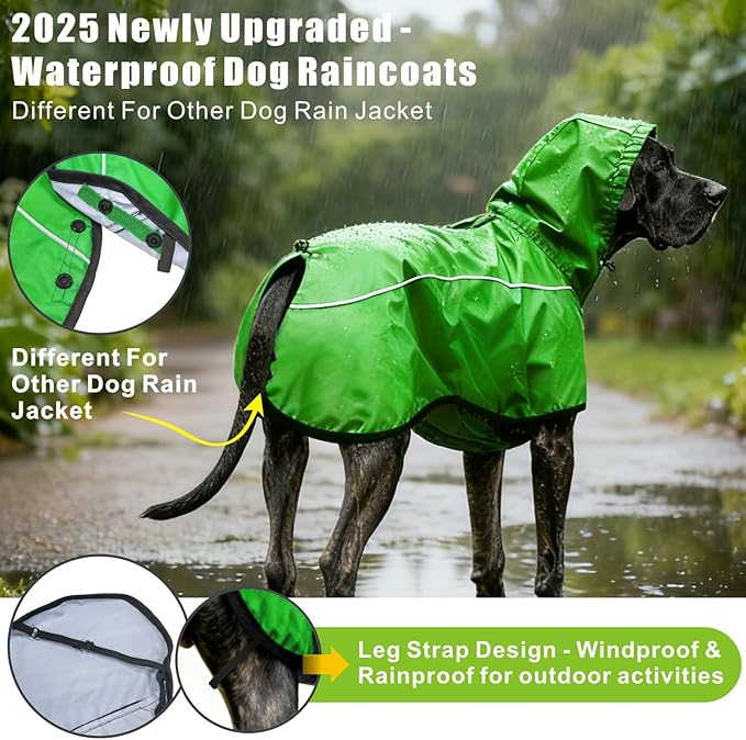 Mosucoirl Dog Raincoat Jacket Reflective Adjustable Hooded Pet Poncho Rain Coats with Leash Hole Waterproof Clothes for Small Medium Large Dogs (Green, M)