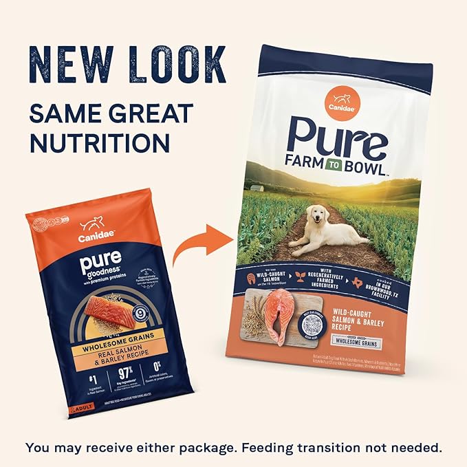 CANIDAE Pure Farm to Bowl Wild-Caught Salmon & Barley, Adult, Dry Dog Food, 4lb