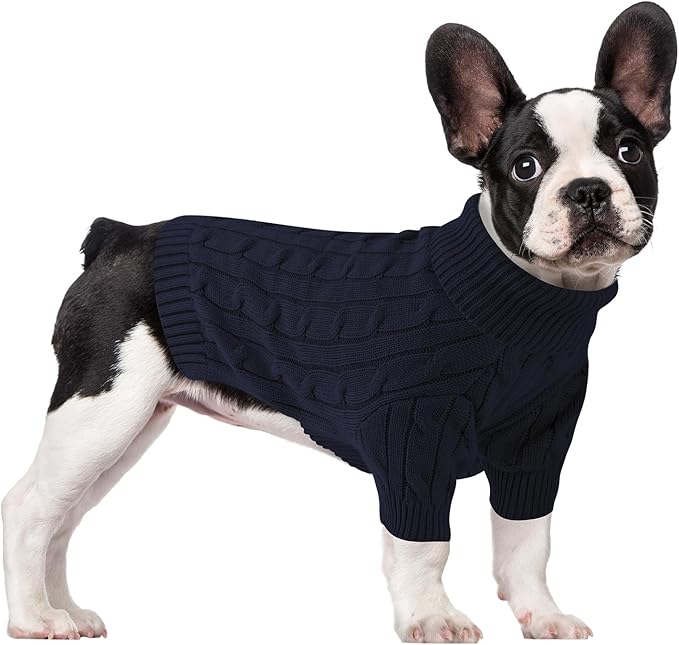 Small Dog Thermal Pullover Sweater, Classic Turtleneck Cable Knitwear Dog Clothes for Cold Weather Warm Pet Clothes for Chihuahua, Bulldog, Dachshund, Pug Navy Medium