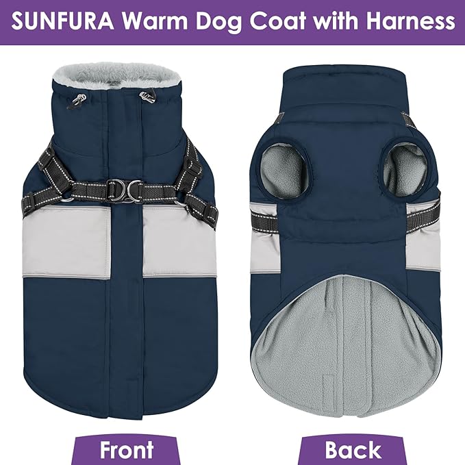 SUNFURA Dog Coat, XXL Dog Jacket Winter with Harness Built in, Waterproof Pet Snow Jacket with Furry Collar for Chilly Day, Reflective Fleece Snowsuit for Extra Large Dogs, Navy Blue 2XL