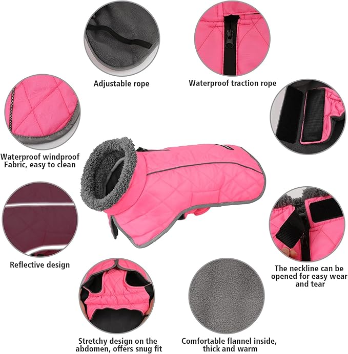 Fragralley Dog Coat Small, Waterproof Dog Jacket with Warm Fleece Lining, Adjustable Reflective Dogs Winter Coat, Turtleneck Pet Coats for Cold Weather (Pink S)