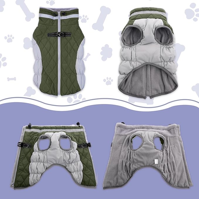 Lelepet Dog Coat Warm Dog Winter Coat Waterproof Dogs Jacket with Harness Built in Reflective Pet Fleece Vest Zip-Up Cold Weather Coats for Large Dogs Turtleneck Windproof Boston Terrier Army Green L