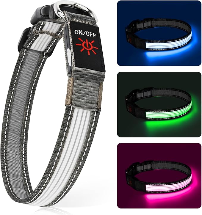Multi-Color Light up Dog Collar, YFbrite USB Rechargeable LED Puppy Collar Super Bright Adjustable Glowing Dog Lights for Night Walking (Multi-Color, Large)
