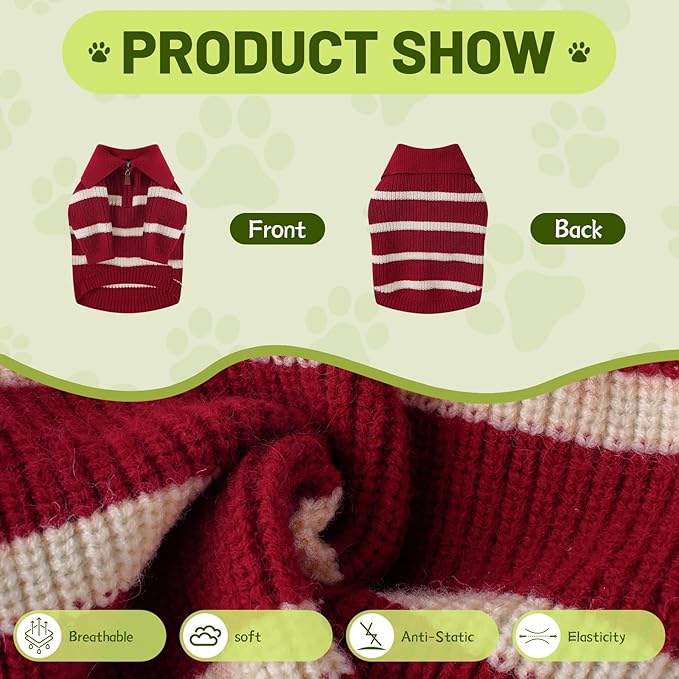 Small Dog Sweater with Zipper, Knitted Striped Pullover Dog Clothes for Cold Weather, Thick Warm Cozy Stretchy Sweater for Chihuahua, Bulldog, Dachshund, Pug(Red & White Strip, M)