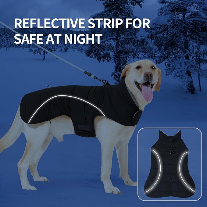 HEYWEAN Dog Winter Coat - Waterproof Windproof Reflective Vest for Medium & Large Breeds Adjustable Warm FleeceLined Jacket with Magic Tape & D-Ring for Leash Cold Weather Apparel (Black, Medium)