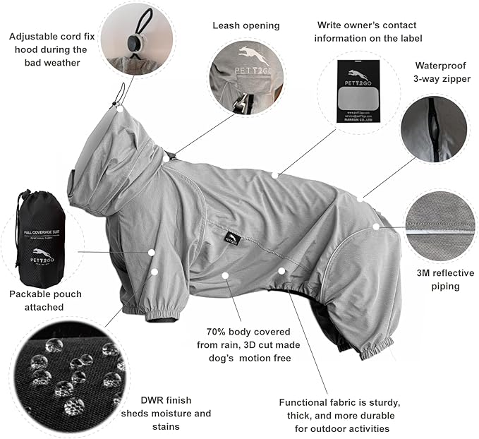 Dog Lightweight Windbreaker, Pet Outdoor Sports Jacket, 0.5 lbs,3 in One, Hooded, Easy on/Off with Collar and Harness, Reflective Piping, Packable, Dog Hiking/Camping, Grey (XX-Large)