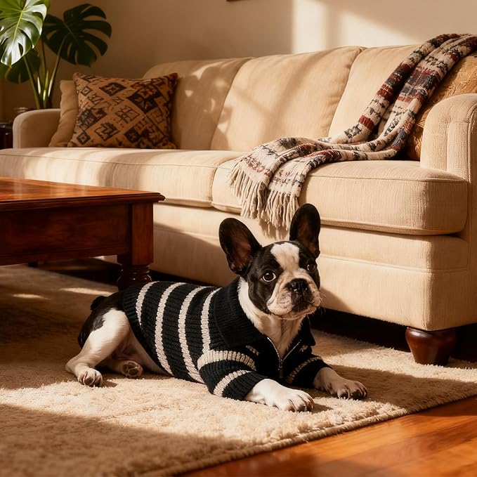 Small Dog Sweater with Zipper, Knitted Striped Pullover Dog Clothes for Cold Weather, Thick Warm Cozy Stretchy Sweater for Chihuahua, Bulldog, Dachshund, Pug(Black & White Strip, L)