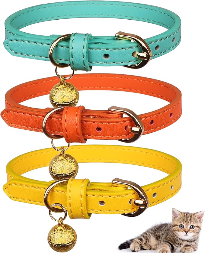 3 Pack Leather Cat Collars with Bells Soft Pet Safety Collar Kitten Collars with Bell Orange Yellow Mint Green(XS)