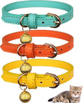 3 Pack Leather Cat Collars with Bells Soft Pet Safety Collar Kitten Collars with Bell Orange Yellow Mint Green(S)