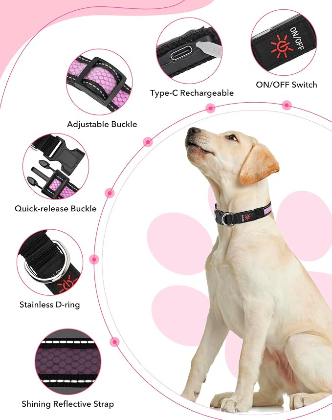 Weesiber Light Up Dog Collar, USB Rechargeable LED Dog Collar Glow in The Dark, Adjustable Reflective Waterproof Dog Collar Light for Night Walking(Pink, S)
