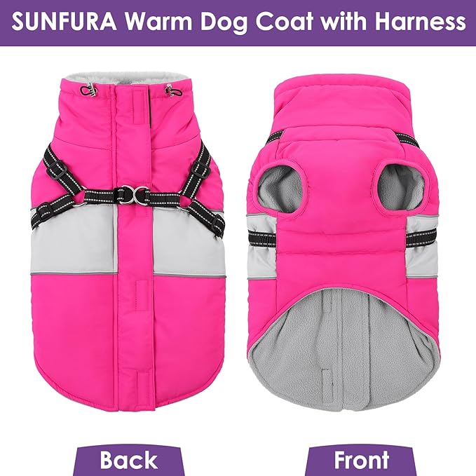 SUNFURA Small Dog Coat with Harness Built in, Warm Dog Jacket Winter with Zipper On Back, Waterproof Pet Snow Jacket Snowsuit Pet Sweater Clothes for Puppy, Hot Pink XS