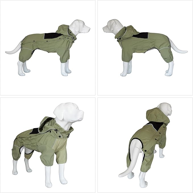 LOVELONGLONG Waterproof Dog Raincoat with Removable Hood – Outdoor Full Body Dog Jacket, Windproof Snowproof Shell Suit – All Season Pet Rain Gear Sage Green 3XL