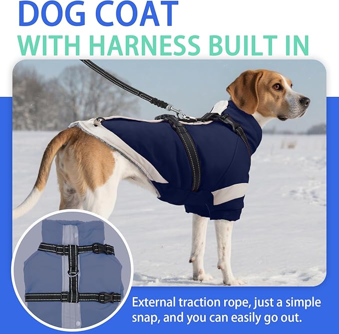 MIGOHI Dog Coat with Harness Built in, 2-in-1 Windproof Dog Jacket, Thermal Fleece Lined Coat with Reflective Strips for Medium Dogs, Zip Up Closure, French Bulldog, Navy Blue, M