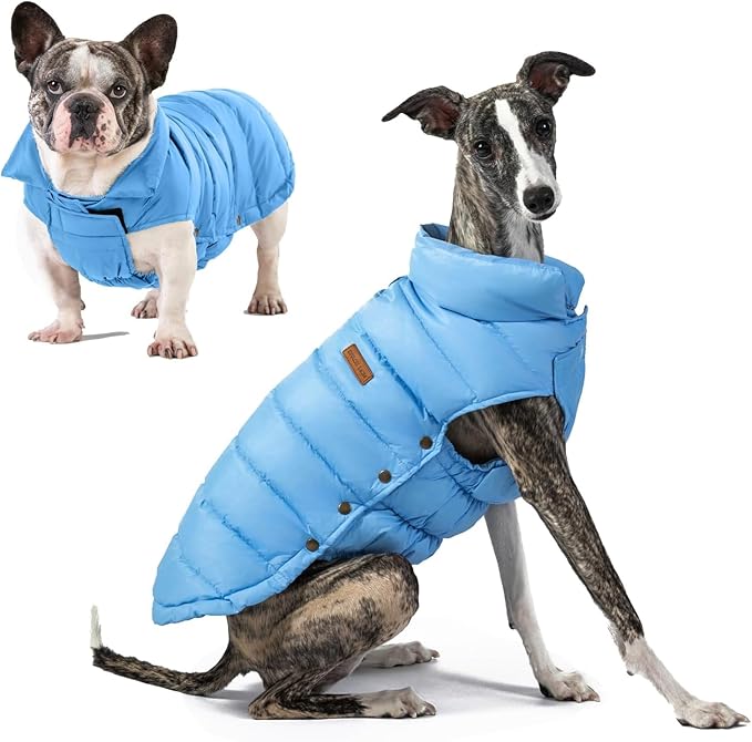 SPACE LION Dog Puffer Jacket, Down Winter Coat, Durable Outdoor Coat for Cold and Windy Conditions, Waterproof, Lightweight Jacket, Adjustable Fit for Small, Medium, Large Dogs(Blue,14/L)