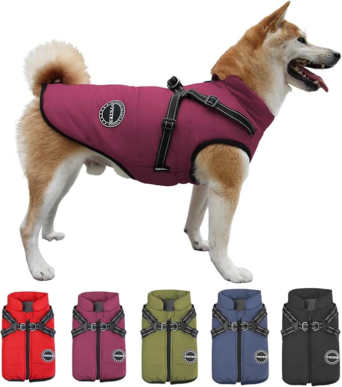 Dog Winter Coat,Warm Jacket Paded Fleece Pet Vest with Built in Harness, Windproof Reflective Cozy Adjustable Snow Pet Coat Clothes with Zipper for Small Medium Large Dogs