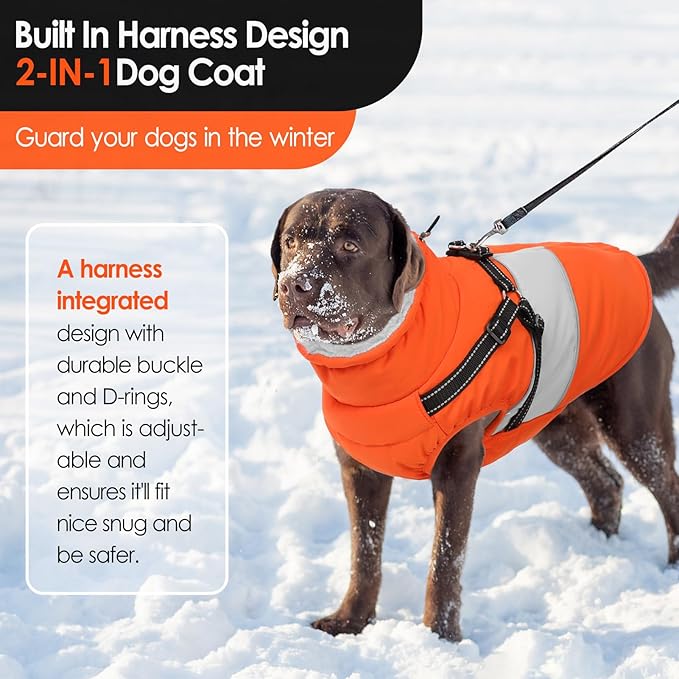 AOFITEE Dog Coat, Large Dog Jacket, Dogs Coat with Harness Built in, Reflective Waterproof Dogs Jackets Winter with Furry Collar, Warm Polar Fleece Pet Sweater Snowsuit for Doberman, Great Dane, XXL