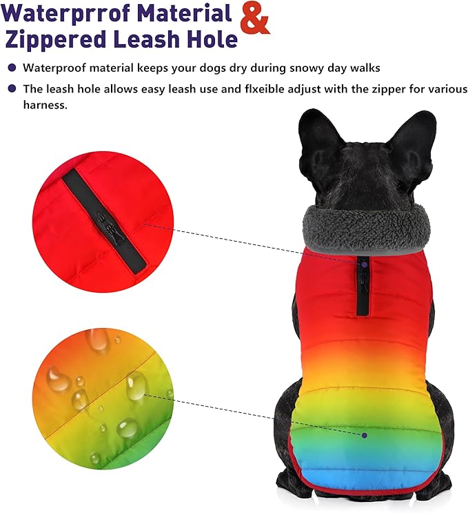 Dog Winter Coat, Waterproof Dog Jacket with Leash Hole, Reflective Adjustable Pet Snow Vest, Warm Fleece Sweater for Small Medium Large Dogs - Rainbow, 2XL