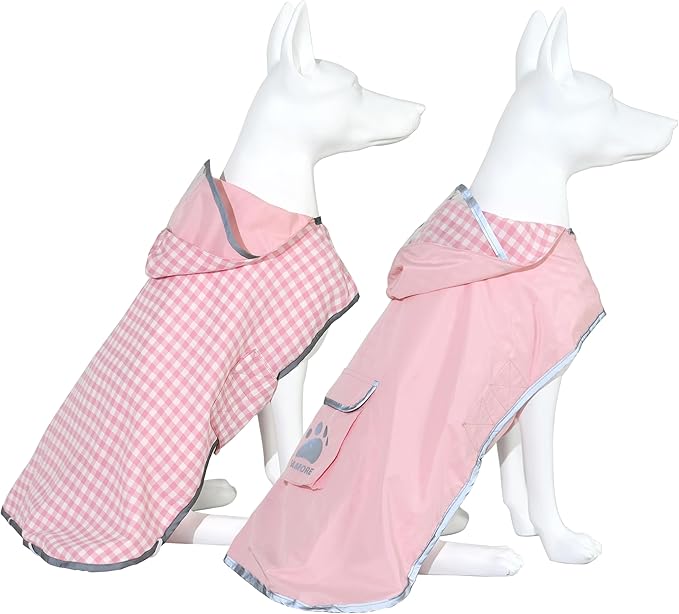 MAMORE Dog Raincoat Reversible,Waterproof Dog Rain Coat Hooded Slicker Poncho with Reflective Strip, Plaid Double Layer Rain Jacket for Small Medium Large Dogs (Pink, XX-Large)