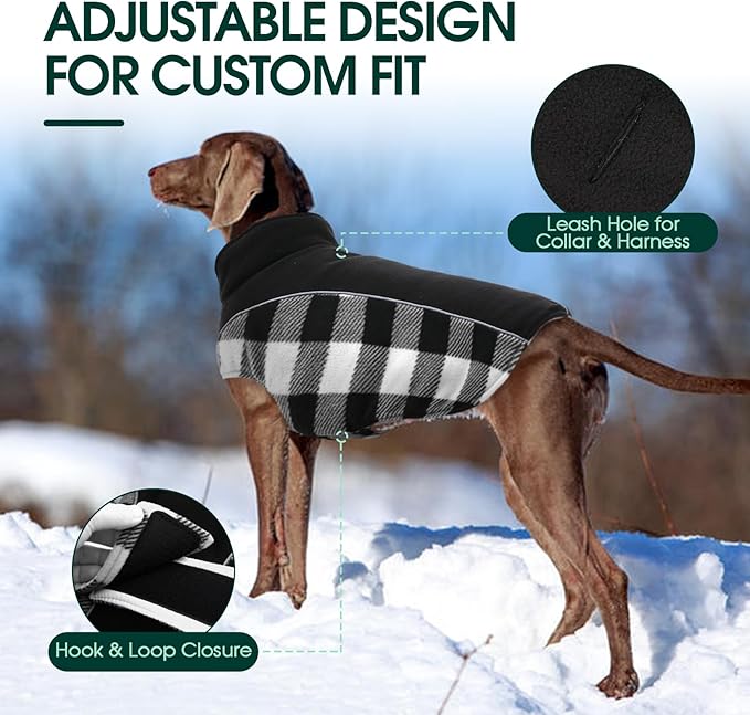 Kuoser Dog Winter Coat, Reversible Waterproof Dog Jacket with Reflective Strip, Warm Dogs Fleece Vest Adjustable Doggy Cold Weather Clothes Plaid Christmas Outfit Pet Apparel for Large Dogs, Black XL
