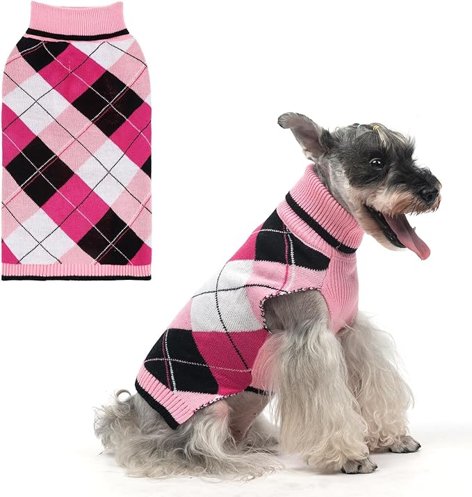 KOOLTAIL Dog Sweater Pet Knitted Clothes - Classic Plaid Pull Over Turtleneck Dog Sweaters with Leash Hole Warm Dogs Winter Clothing for Small Medium Dogs Cats Puppy M