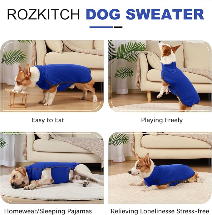 ROZKITCH Dog Fleece Vest with Leash Hole, Pet Windproof Warm Cold Weather Jacket Vest Cozy Jumpsuit Apparel Outfit Clothes for Walking Hiking Travel Sleep Blue 2XL