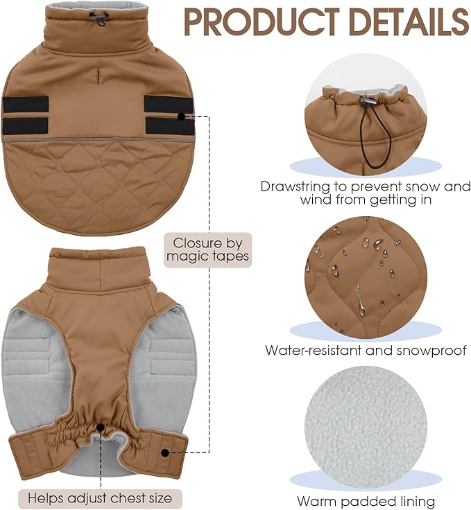 FUAMEY Winter Warm Coat, Fleece Turtleneck Jacket, Thick Waterproof Windproof Cold Weather Snowsuit Vest for Small Medium Large Dogs Pet Clothes