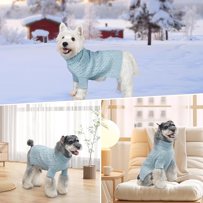 KYEESE Dog Sweater Warm Dogs Clothes with Classic Cable Knit Long Sleeve Knitwear Pet Coats, Soft Turtleneck Dog Sweater for Small Dogs, Blue, Small