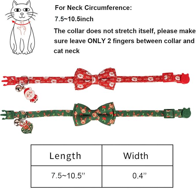ADOGGYGO Christmas Cat Collar with Removable Bow Bell, 2 Pack Red Green Santa Reindeer Christmas Collars for Cat Kitten