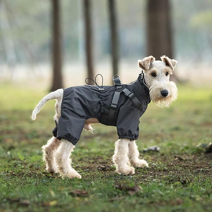 Mile High Life Waterproof Dog Raincoat, Full Coverage Small Dog Rain Coat with Harness, Adjustable 4 Legs Puppy Rain Jacket with Reflective Strip and Elastic Cuffs (Gray, XS Back Length 11.4")