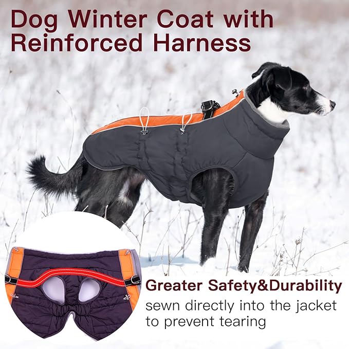 Dog Winter Jacket - 3X Large, Warm Zip Up Snowsuit Dog Harness Vest, Reflective, Water-Resistant, Orange-Gray