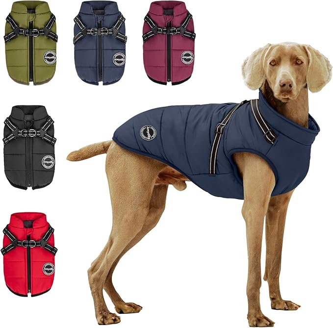 Warm Winter Coat, Fashion Sports Jacket with Built-in Harness, Reflective & Adjustable Pet Vest, Waterproof Windproof for Small Dogs (Navy)