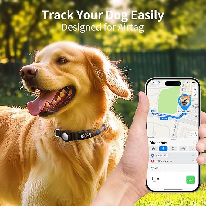 Upgraded Air Tracker Tags Dogew Collar with QR Code & LED Light, IP68 Waterproof Rechargeable Pet Collar with Reflective Strips, Heavy Duty Dog Collars for Small/Medium/Large Dogs (Blue, M(16-20 in))