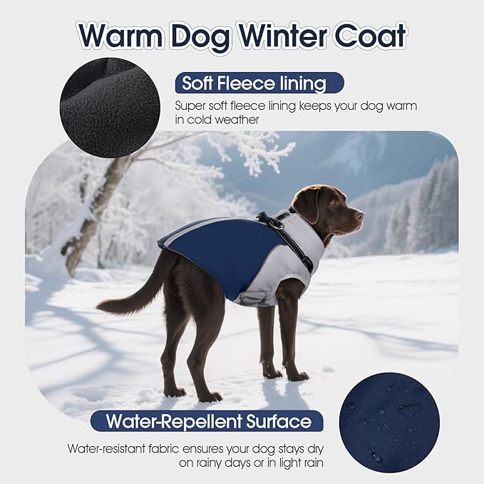 DENTRUN Dog Coat with Harness Built in, Easy On/Off Zipper Closure Winter Dog Vest, Water-Repellent Fleece Lined Warm Jacket with Reflective for Medium Dogs, Dark Blue, L