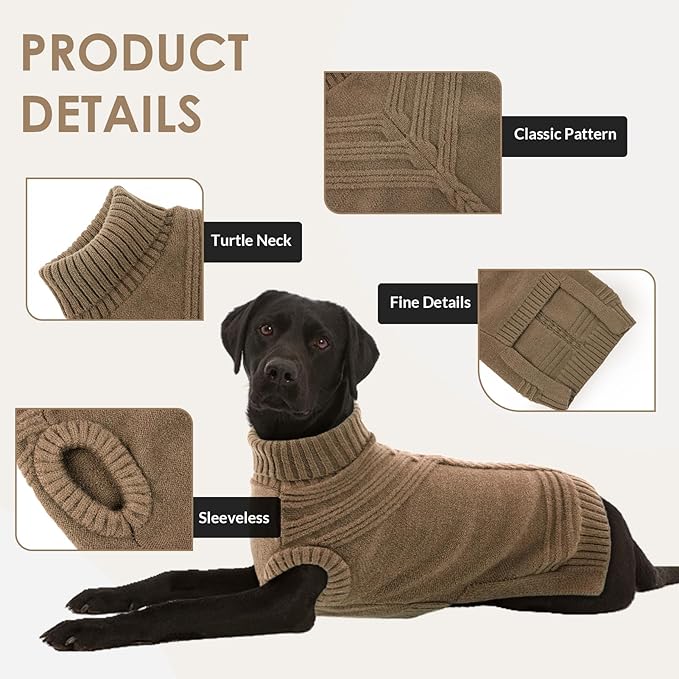 Dog Sweaters for Large Dogs Male Female Pet Knitwear Classic Puppy Warm Pullover Turtleneck Cold Weather Clothes for Labrador(Brown, 2XL)