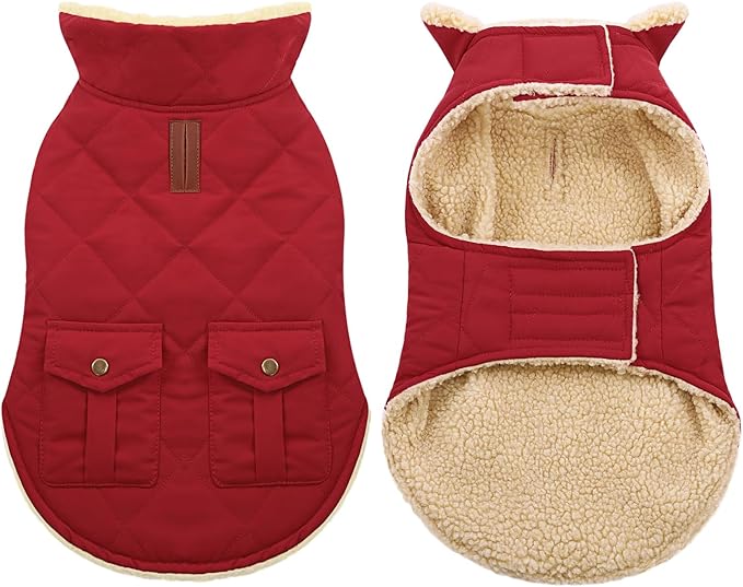 ASENKU Warm Dog Winter Coat, Waterproof Dog Coat for Cold Weather, Fleece Dogs Jacket with Ultra Thick Plush Lining Leash Hole Storage Pockets for Large Dogs (Red, Large)