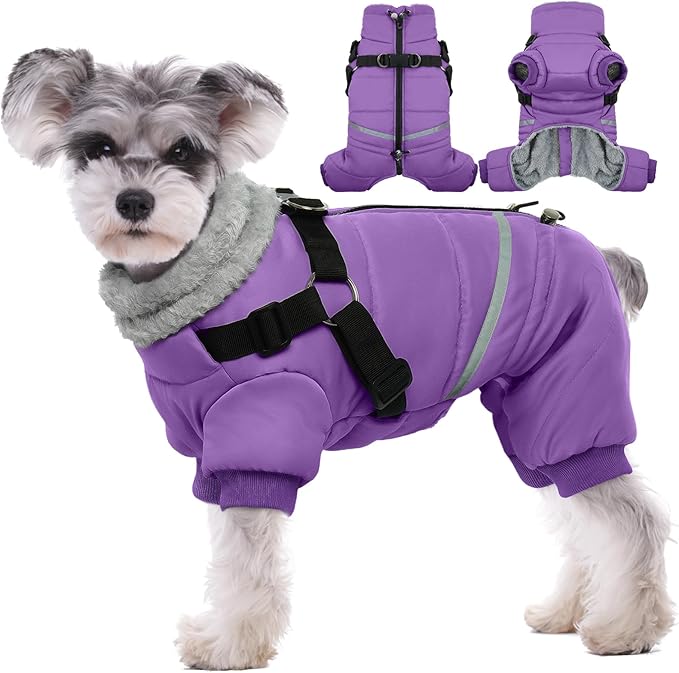 BRKURLEG Purple Dog Coat with Harness, Dog Winter Jacket, Dogs Onesie Body Warm Jackets, Small Dogs Winter Coats Reflective Windproof Warm Cold Weather Coats, Pet Waterproof Jackets, L
