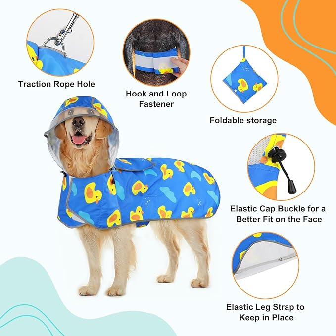 Dog Raincoat XXL - Waterproof Dog Rain Jacket, Hooded Reflective Doggy Rain Coat with Leash Hole, Foldable Pet Poncho Slicker for Large Dogs (Blue, XX-Large)