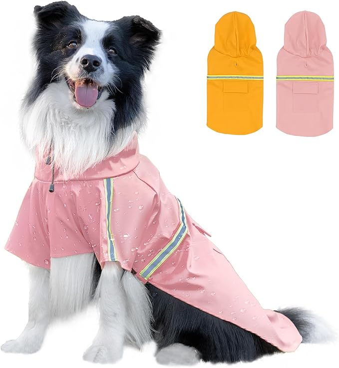 Dog Raincoat, Waterproof Windproof Dog Rain Jacket Adjustable, Rain Coat with Leash Hole, Reflective Strap Raincoat Poncho for Small Medium Large Dogs Outdoor (Reflection-Pink, X-Large)